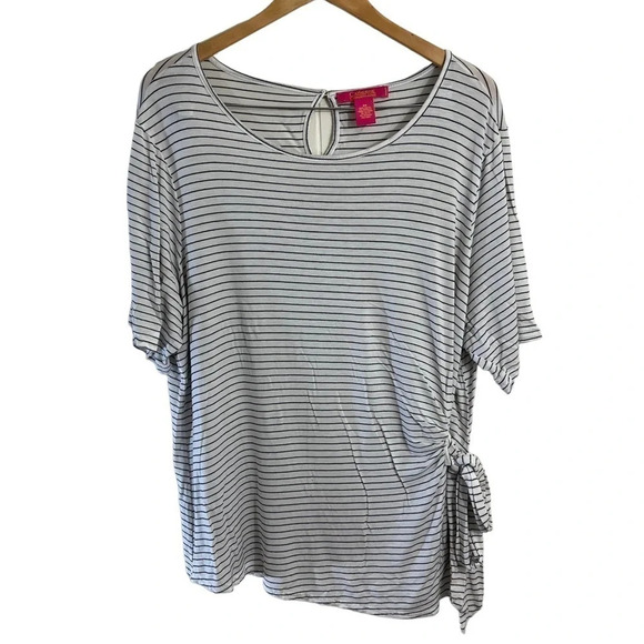 Catherine Malandrino Black and White Pinstripe Blouse Plus Size 2X Waist Tie Top - Picture 1 of 6